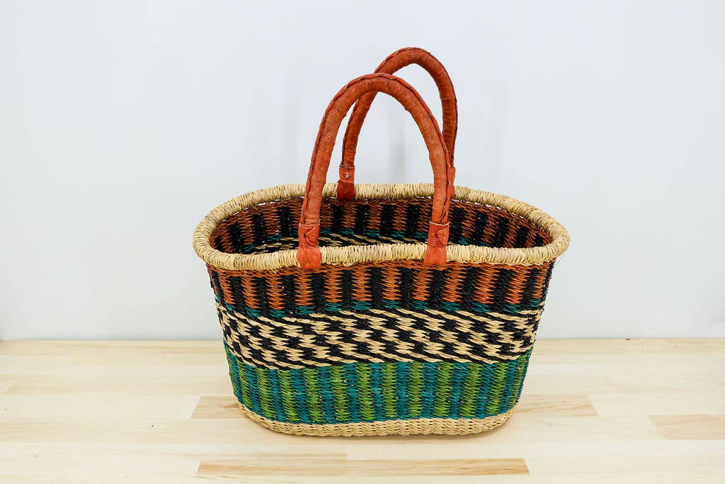 Ghanaian artisan basket with dual leather straps.