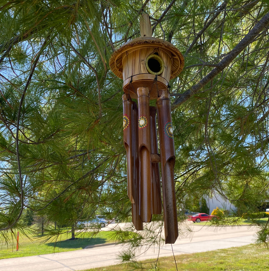 Hand-painted dots bamboo wind chime with circular dot design, artisan-made in Indonesia