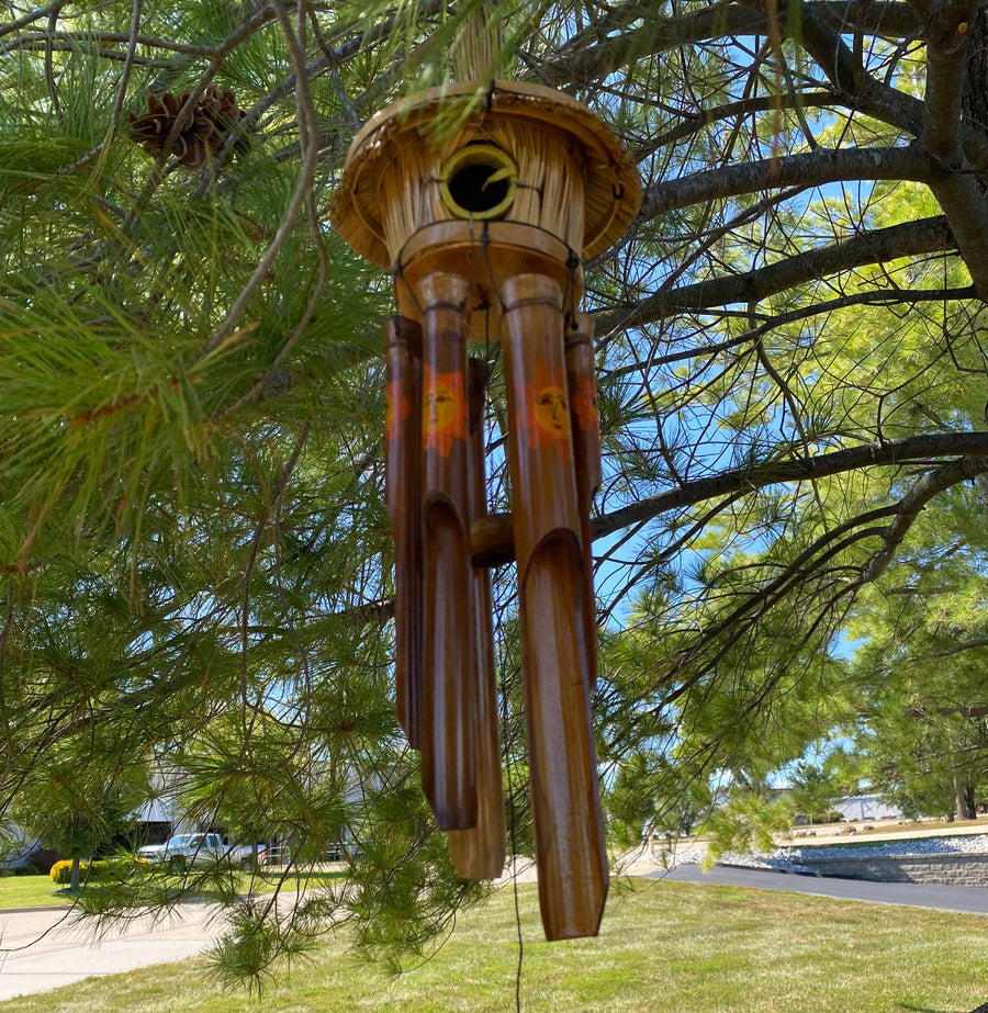 Fair trade hand-painted sun bamboo wind chime for outdoor garden décor