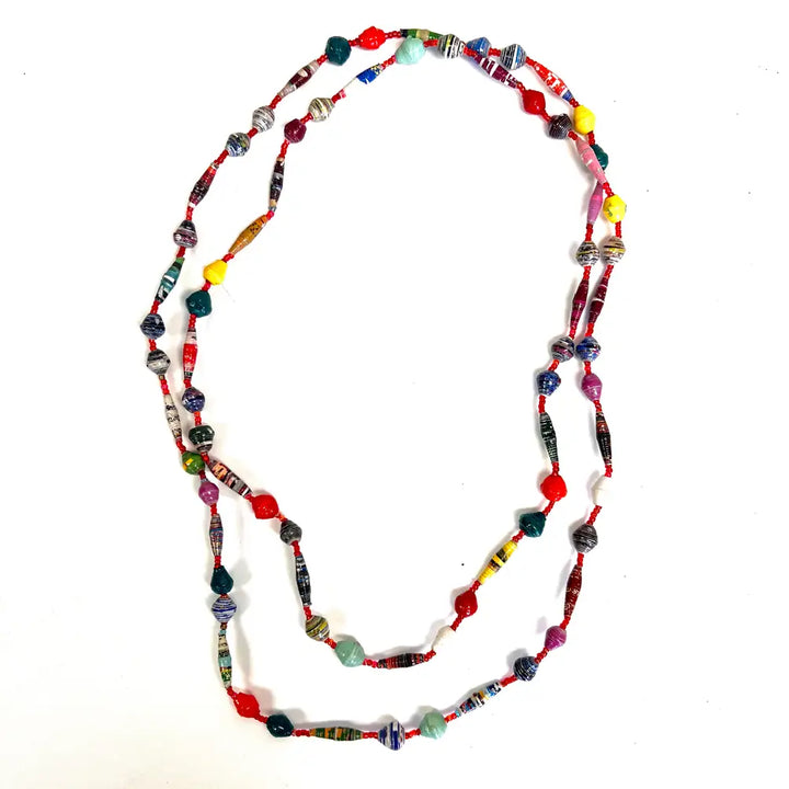 Double-wrapped necklace showing multicolored paper beads of various sizes.