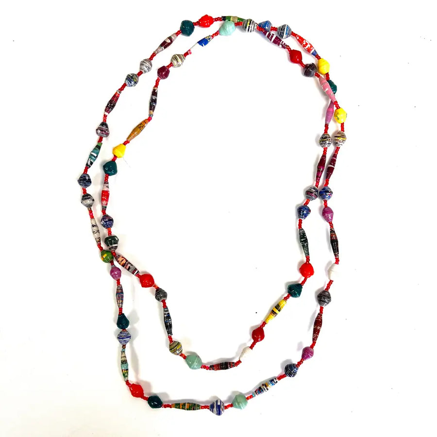 Double-wrapped necklace showing multicolored paper beads of various sizes.