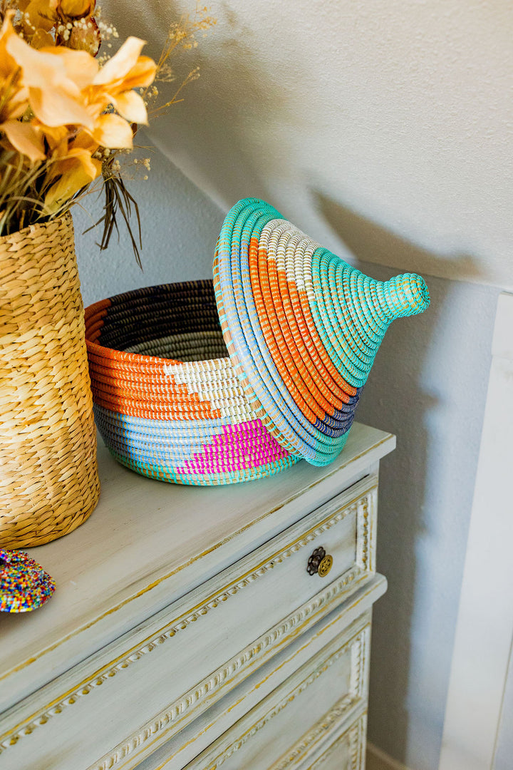 Color-block African storage basket with lid, handcrafted and fair trade.