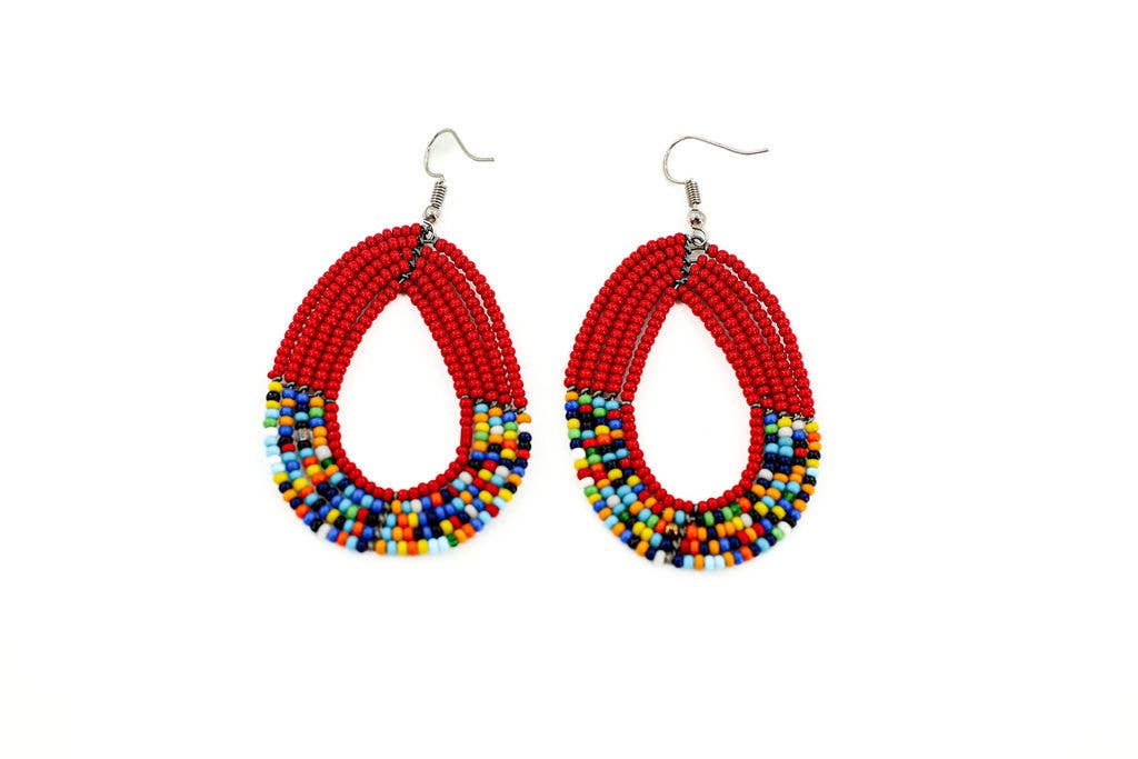 Multicolored teardrop beaded earrings handmade with nickel- and lead-free hooks.
