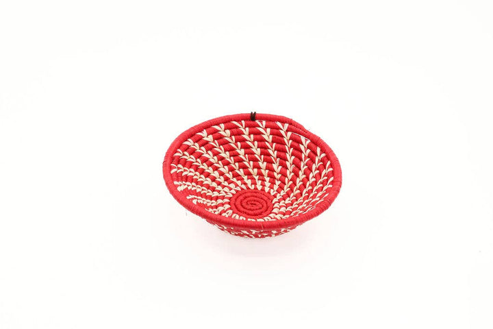 Red handwoven raffia wall basket – fair trade African decor made from sustainable natural fiber, perfect for eco-friendly home styling and bold wall accents
