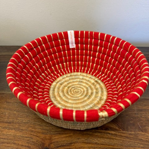 Round red cloth lined bread basket bowl fair trade handmade serving basket