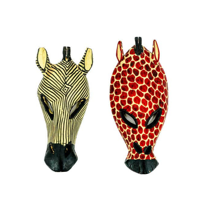 Fair trade safari animal masks featuring giraffe and zebra designs, handcrafted by artisans.