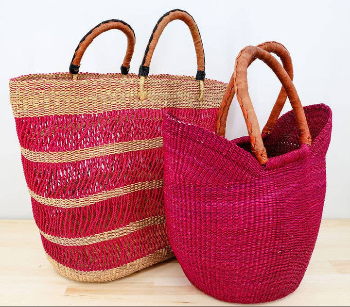 Handwoven, hot pink, lace grocery tote basket bag with leather handles, made in Ghana.