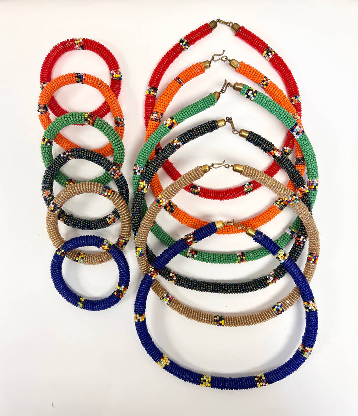 Lightweight beaded bracelet and necklace set crafted by Maasai artisans.