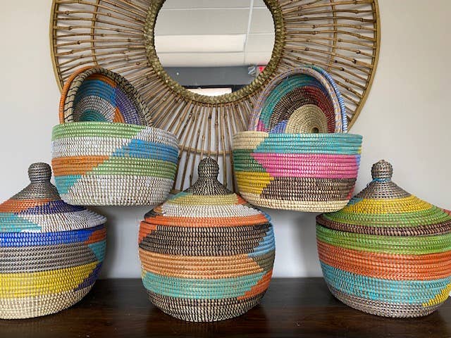 Bright, modern wishing basket with rainbow color blocks used as home decor.