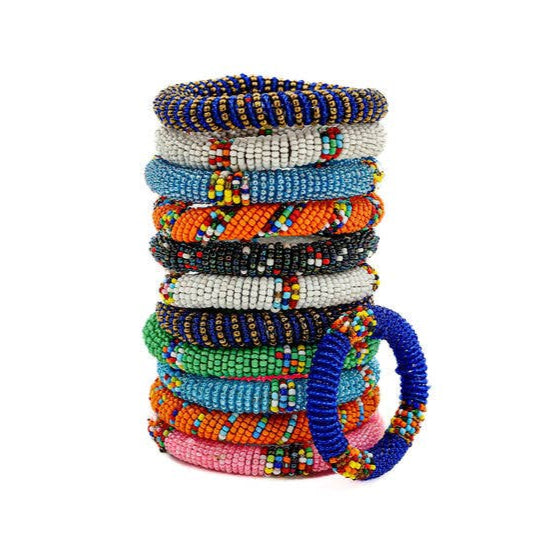 Set of 12 fair trade glass beaded bracelets in bright, stackable styles from Kenya.