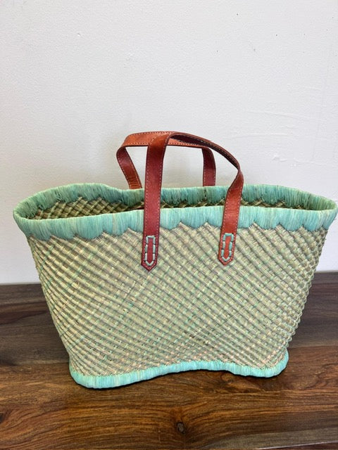 Teal tote blending with the ocean for a day at the beach.