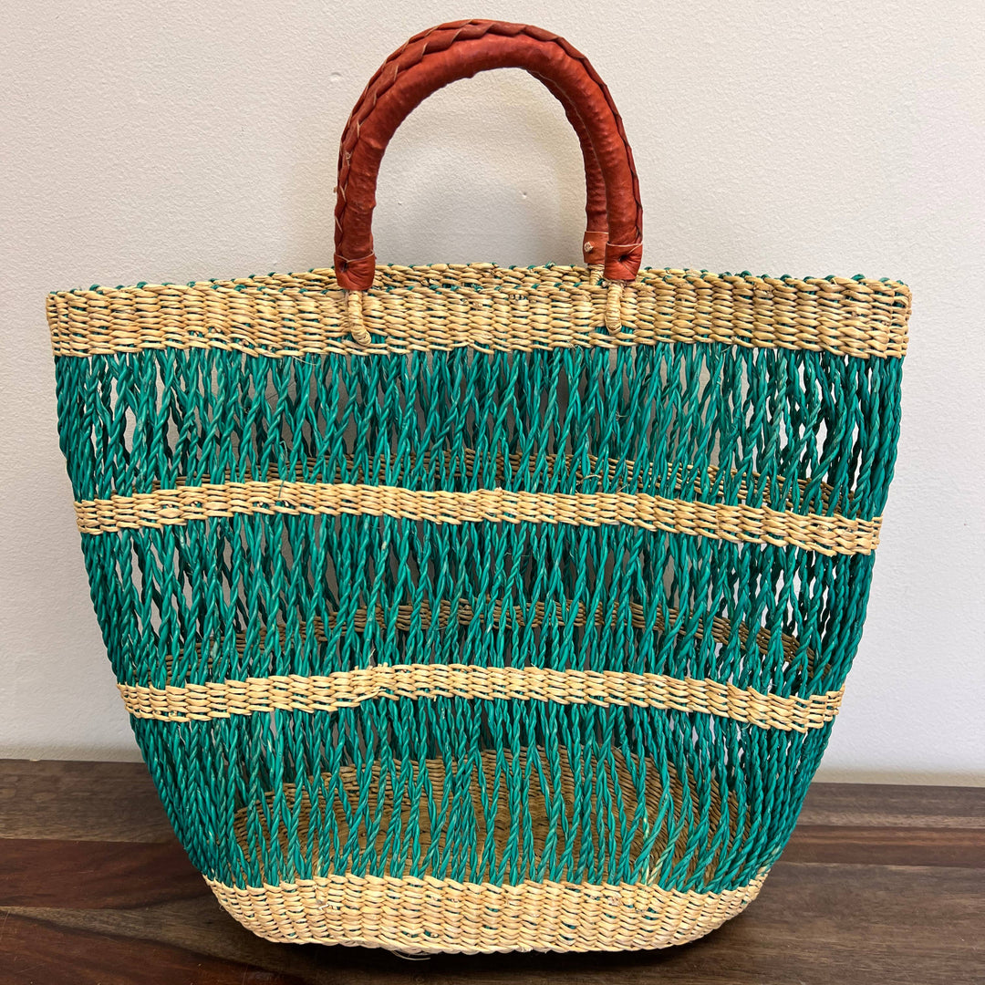 Ghanaian large, teal  basket bag with two leather straps, ideal for beach or market.