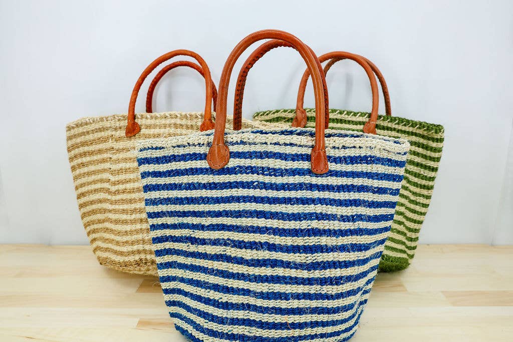 Artisan-made market tote bag handcrafted from natural sisal and durable leather.