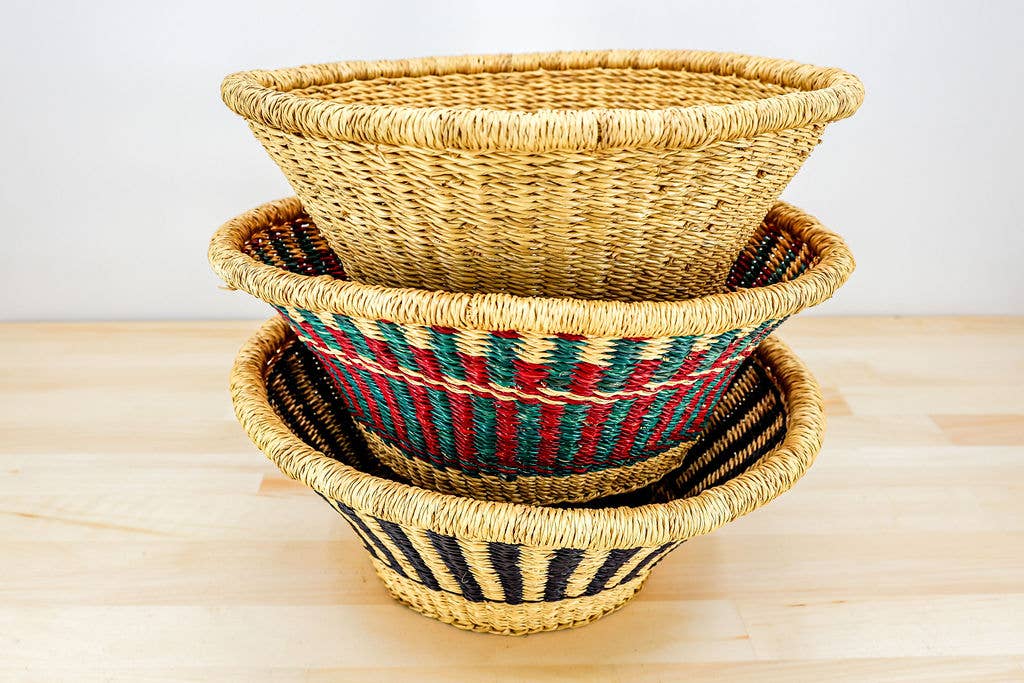 Artisan-crafted storage basket with assorted colors, ideal for keys, remotes, or bread.

