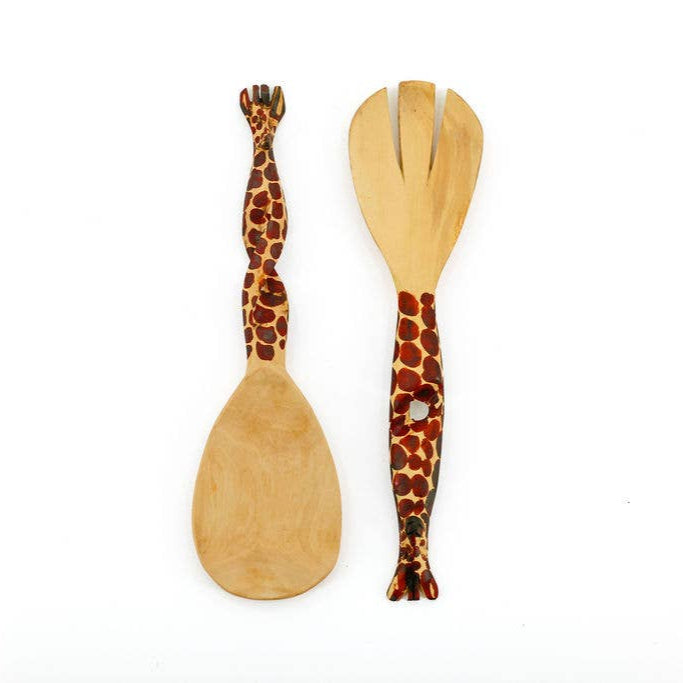 Fair trade giraffe motif twisted wooden kitchen utensils.