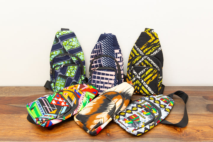 Fair Trade unisex chest bag displayed flat, showing vibrant up-cycled textile design.