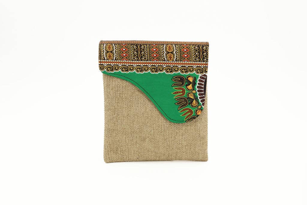 Ethical African fabric shoulder bag with unique textile patterns.