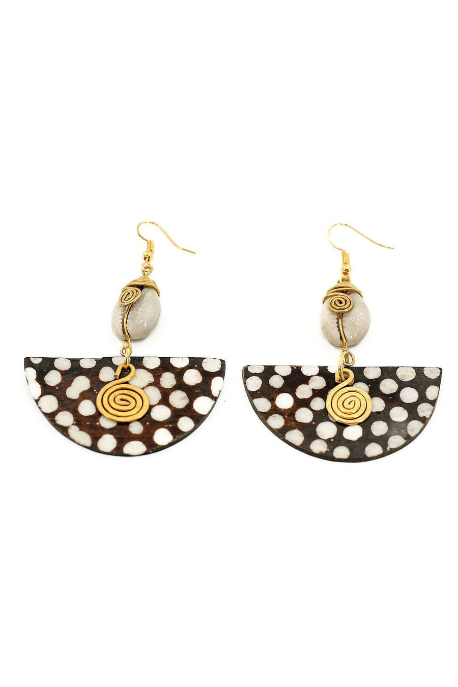 Fair trade up-cycled bone and brass earrings, hand-carved and hand-batiked with nickel and lead-free ear wires.