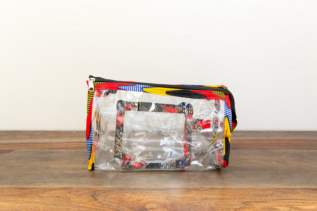 Eco-friendly toiletry bag featuring colorful patchwork design, perfect for travel or dorm essentials.