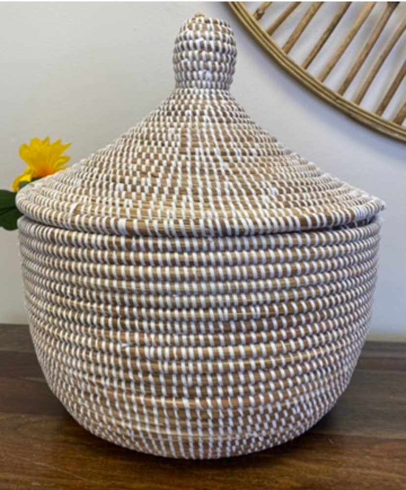 White lidded sweet grass basket, handwoven and fair trade.