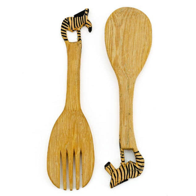 African mahogany utensils with hand-painted zebra safari design.