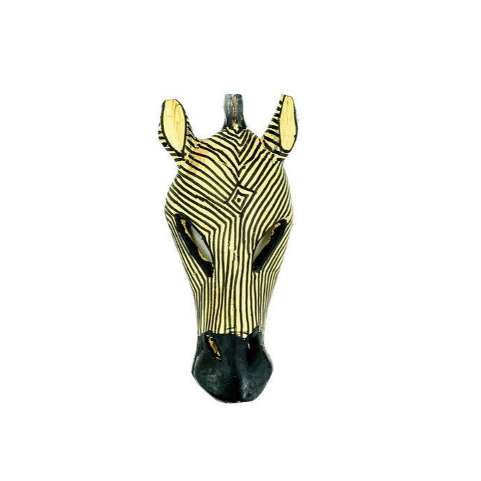 Ethically made zebra face mask, hand-painted with bold black and white stripes.