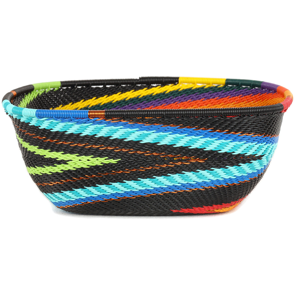 Handwoven Zulu Wire Square Bowl in African Rainbow from South Africa in a variety of colorful and neutral artisan patterns.