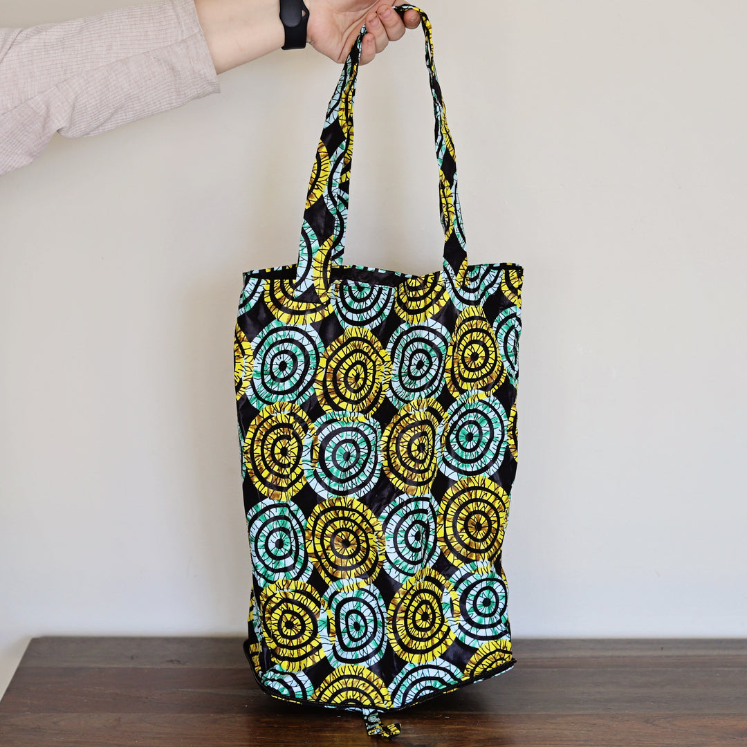 Spiral batik printed reusable tote, handmade in Africa.