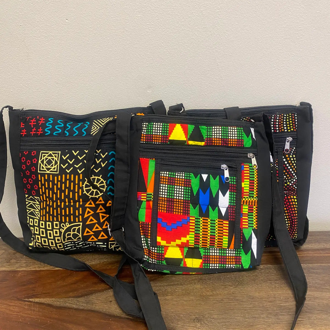 Assorted recycled fabric crossbody bags handmade in Kenya.