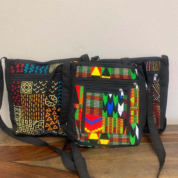 Assorted recycled fabric crossbody bags handmade in Kenya.