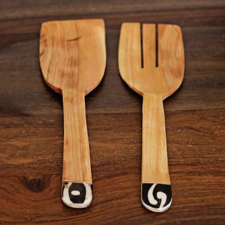 Artisan serving spoons with batik design in black and white on the handle. Great for decorative hosting. 