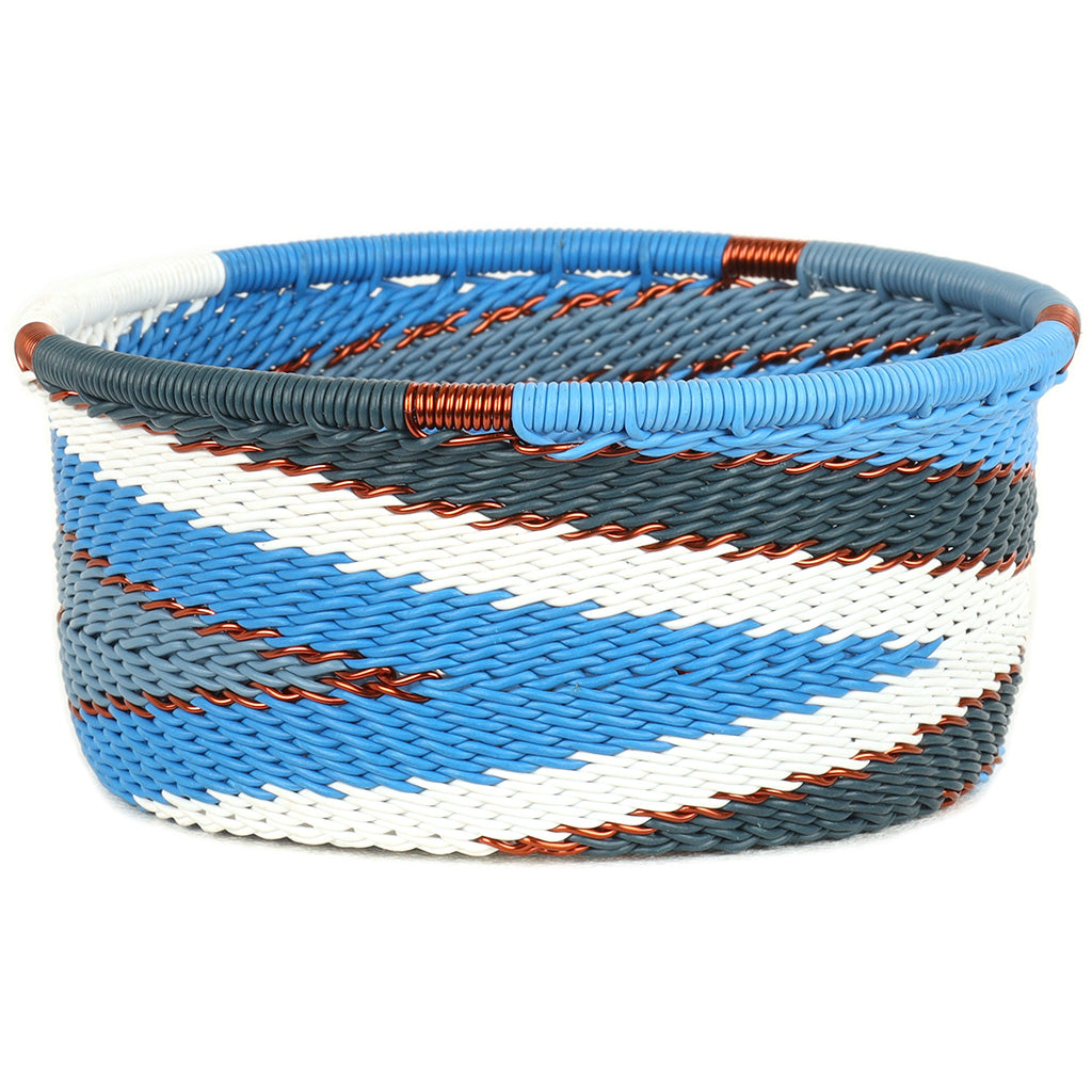 Handwoven Zulu Wire Tuna Cup Baskets in Beach from South Africa in a variety of colorful and neutral artisan patterns.