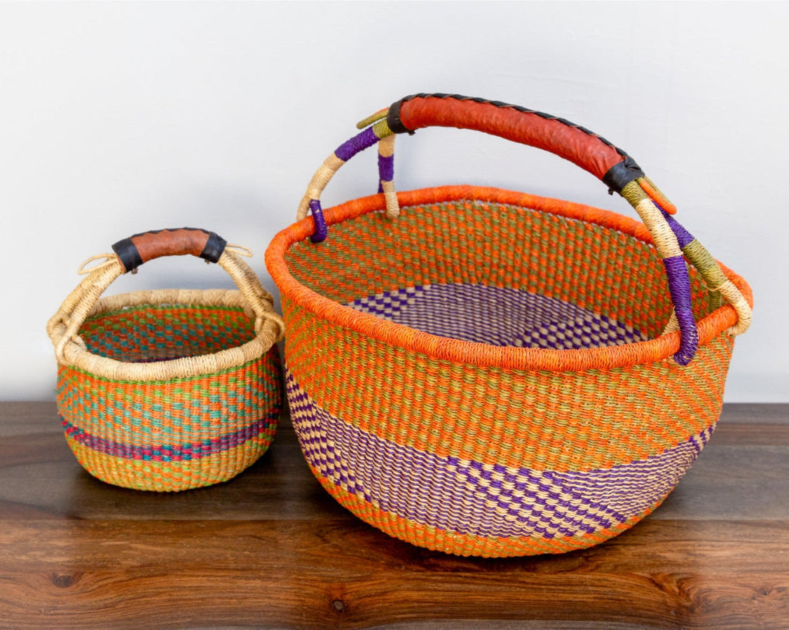 Two best-selling woven market baskets, in two sizes, in stock to shop wholesale now.
