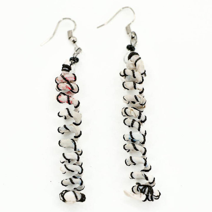 black and white tiny beaded bone earrings on fish hooks.