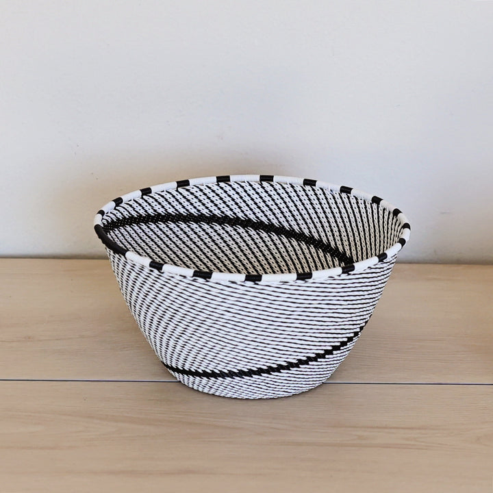 Black & White Zulu Deep Bowl handwoven in South Africa with a classic black and white diagonal stripe pattern.
