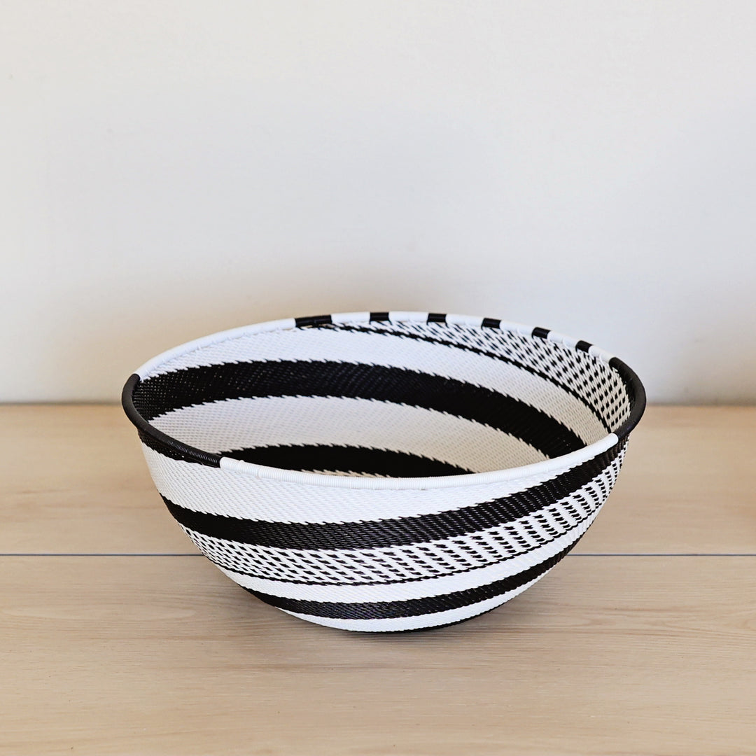 Black & White Zulu Extra Large Bowl handwoven in South Africa with a classic black and white diagonal stripe pattern.