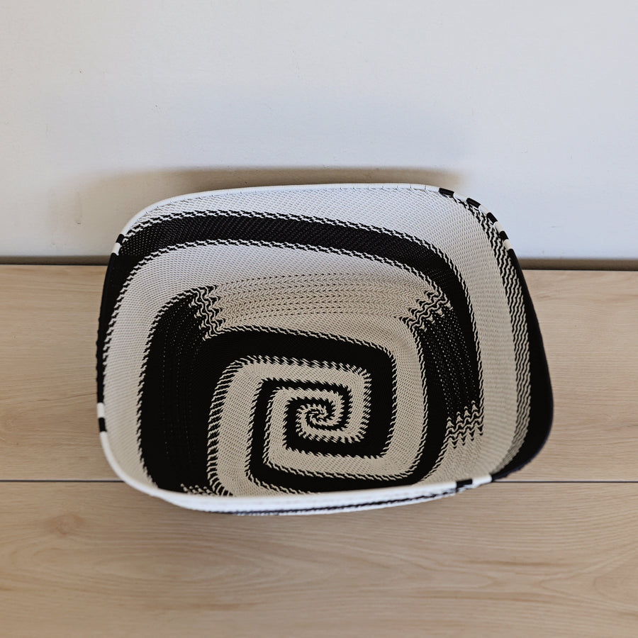 Black & White Zulu Extra Large Square Bowl handwoven in South Africa with a classic black and white diagonal stripe pattern.