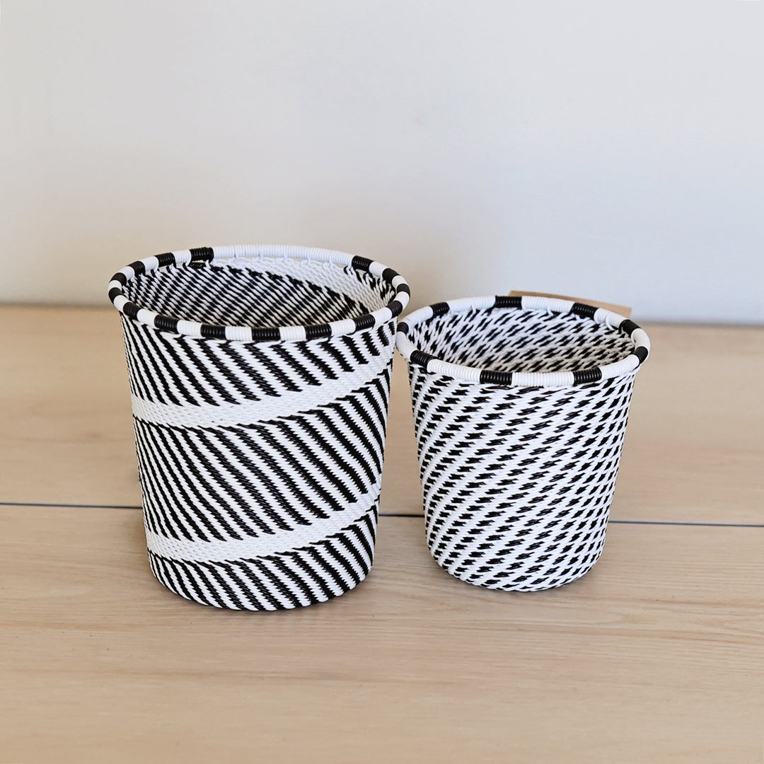 Black & White Zulu Short Cup handwoven in South Africa with a classic black and white diagonal stripe pattern.