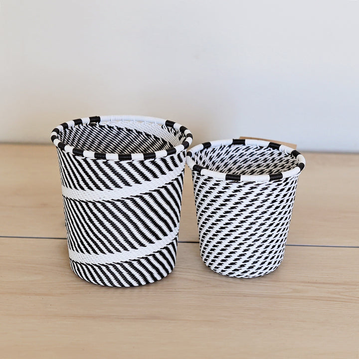 Black & White Zulu Short Cup handwoven in South Africa with a classic black and white diagonal stripe pattern.