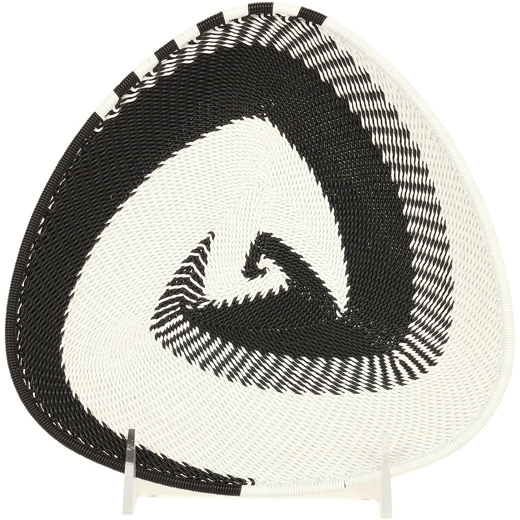 Fair trade Black and White Zulu Wire Triangle Basket featuring intricate handwoven patterns and a low-profile shape.