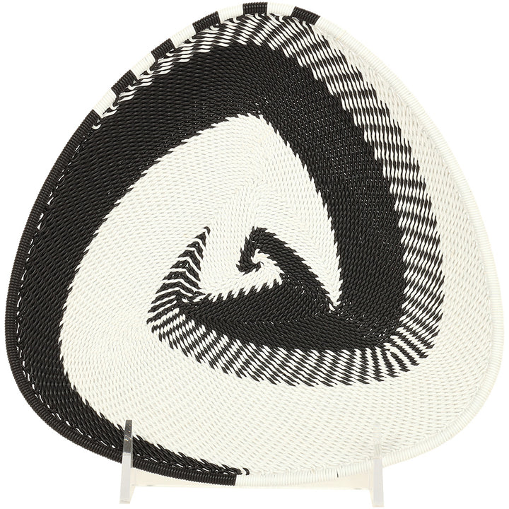 Fair trade Black and White Zulu Wire Triangle Basket featuring intricate handwoven patterns and a low-profile shape.