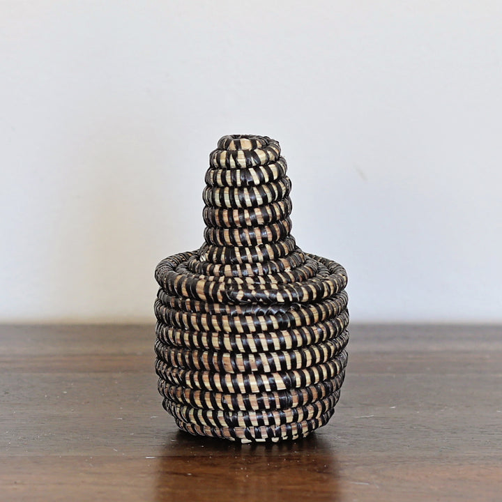 Black woven sweetgrass mini storage basket with lid fair trade Senegal