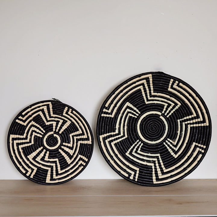 Handwoven Black & White Labyrinth Bukedo and Raffia bowl handmade in Uganda with a bold maze-inspired geometric design.