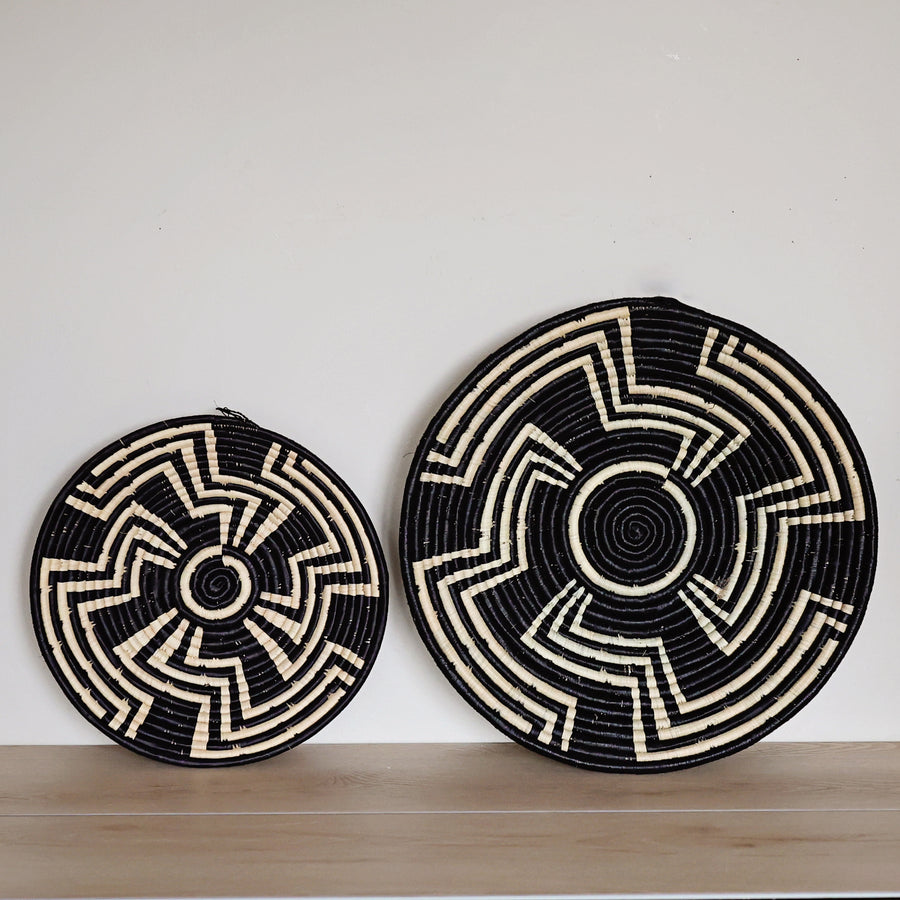 Handwoven Black & White Labyrinth Bukedo and Raffia bowl handmade in Uganda with a bold maze-inspired geometric design.