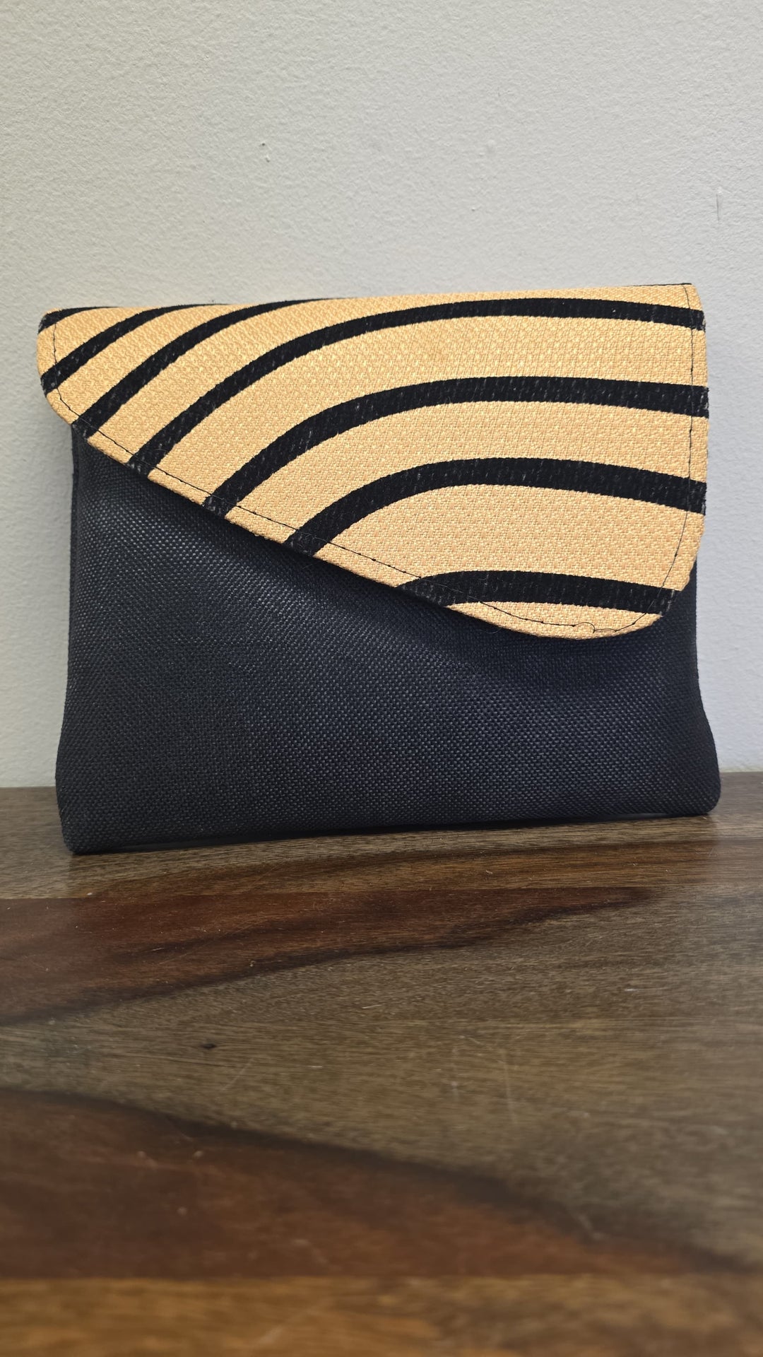 Black crossbody bag with zebra printed flap.