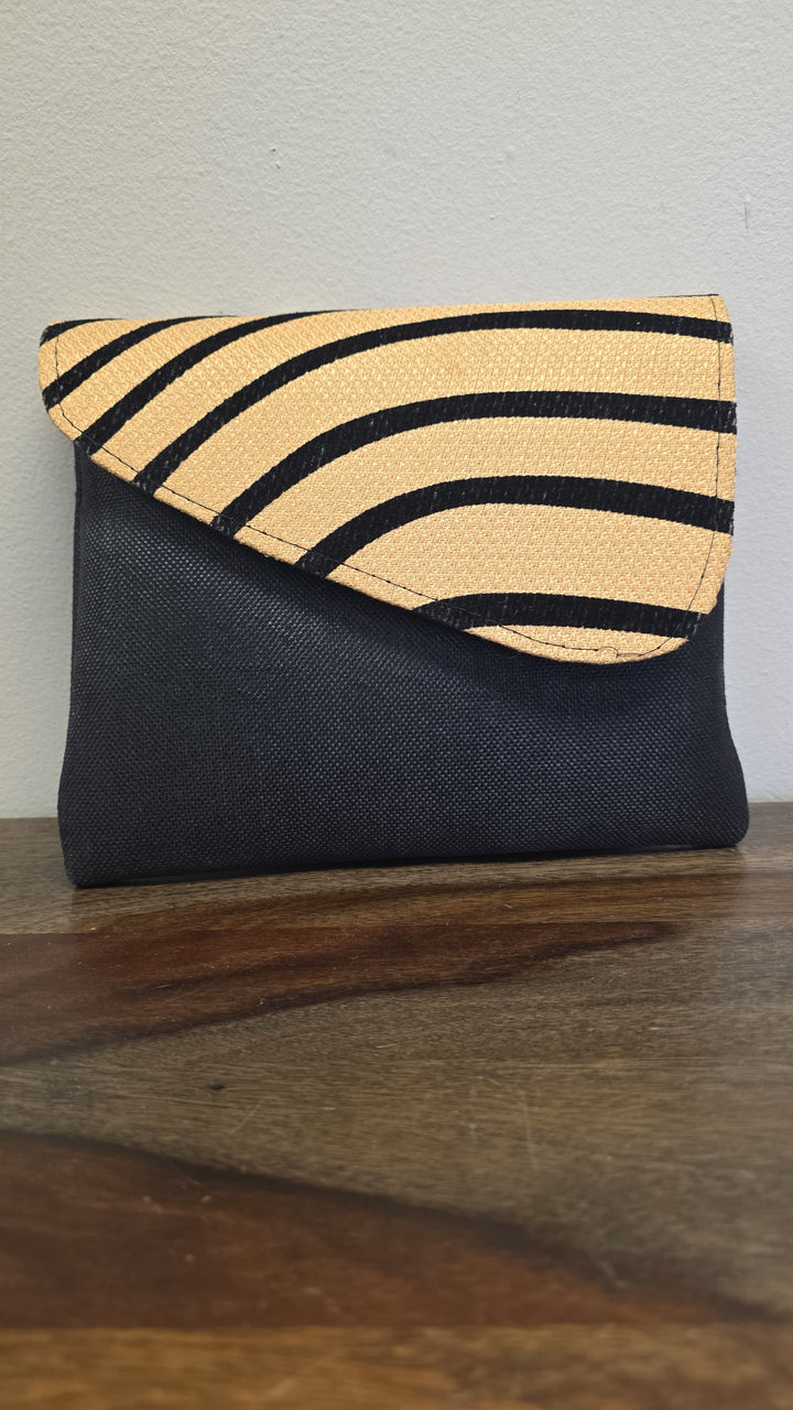 Black crossbody bag with zebra printed flap.