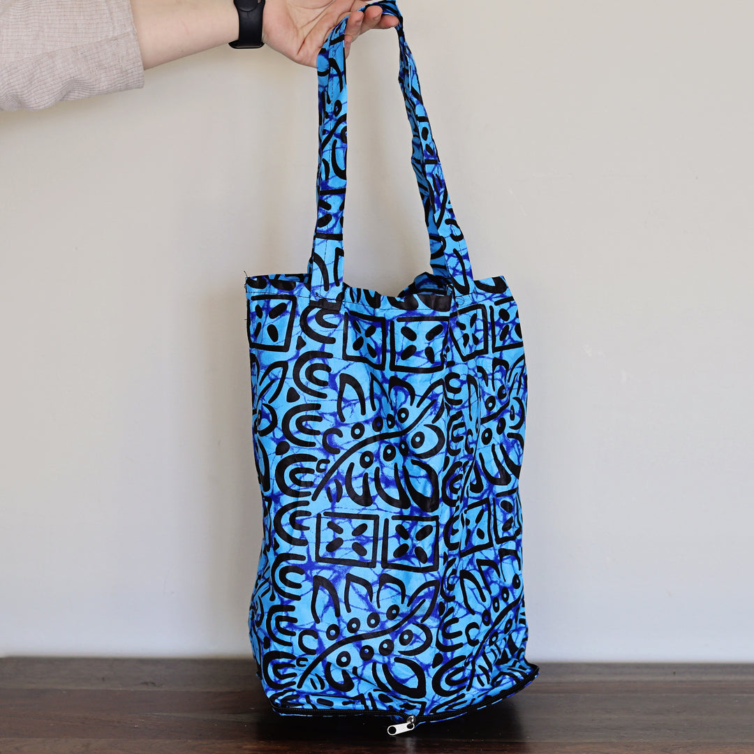 Blue and black batik printed Chitenge reusable shopping bags, handmade in Africa.