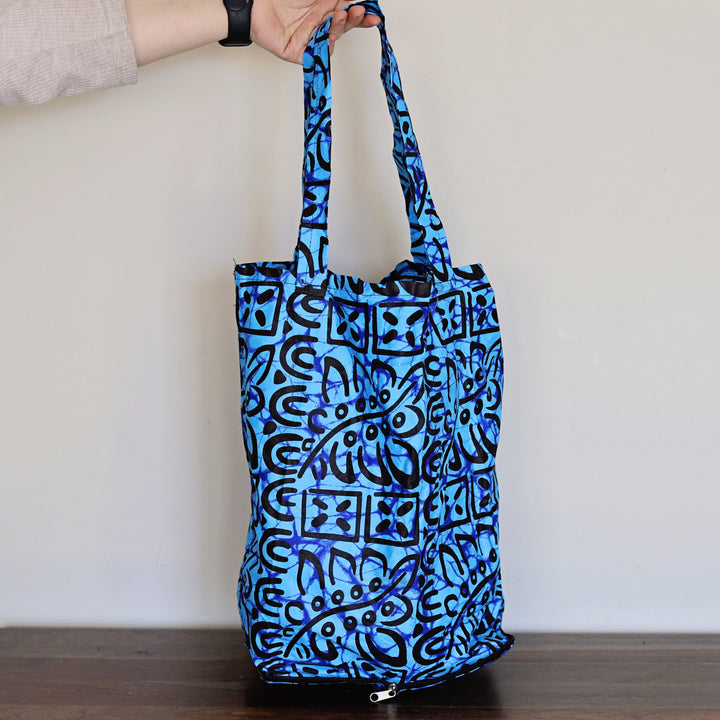 Blue and black batik printed Chitenge reusable shopping bags, handmade in Africa.
