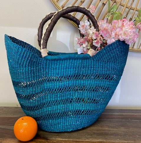 Fair-trade blue open weave basket, perfect for markets and the beach, hand-made in Africa.