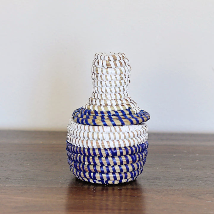 Blue and white handwoven sweetgrass basket with lid artisan made